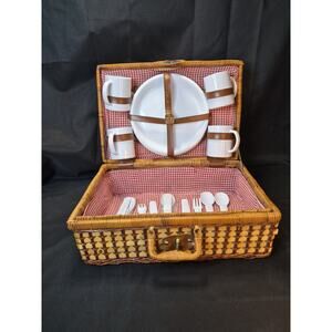 Vintage Wicker Picnic Basket for Serves 4 Red Gingham Fabric Lined Plasticware